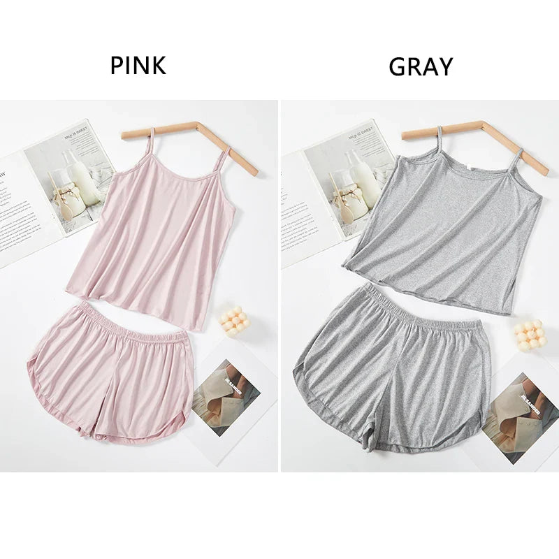 Women’s Summer Pajama Set – Pink & Gray Camisole with Shorts, Soft Nightwear XL XXL