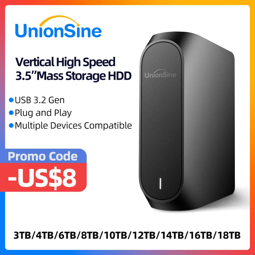 UnionSine 3.5" External Hard Disk HDD - 4TB to 18TB, USB 3.2 Gen, Compatible with Desktop, Laptop, Mac, Xbox, PS4, TV