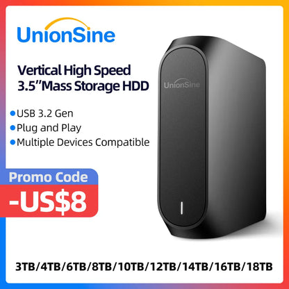 UnionSine 3.5" External Hard Disk HDD - 4TB to 18TB, USB 3.2 Gen, Compatible with Desktop, Laptop, Mac, Xbox, PS4, TV
