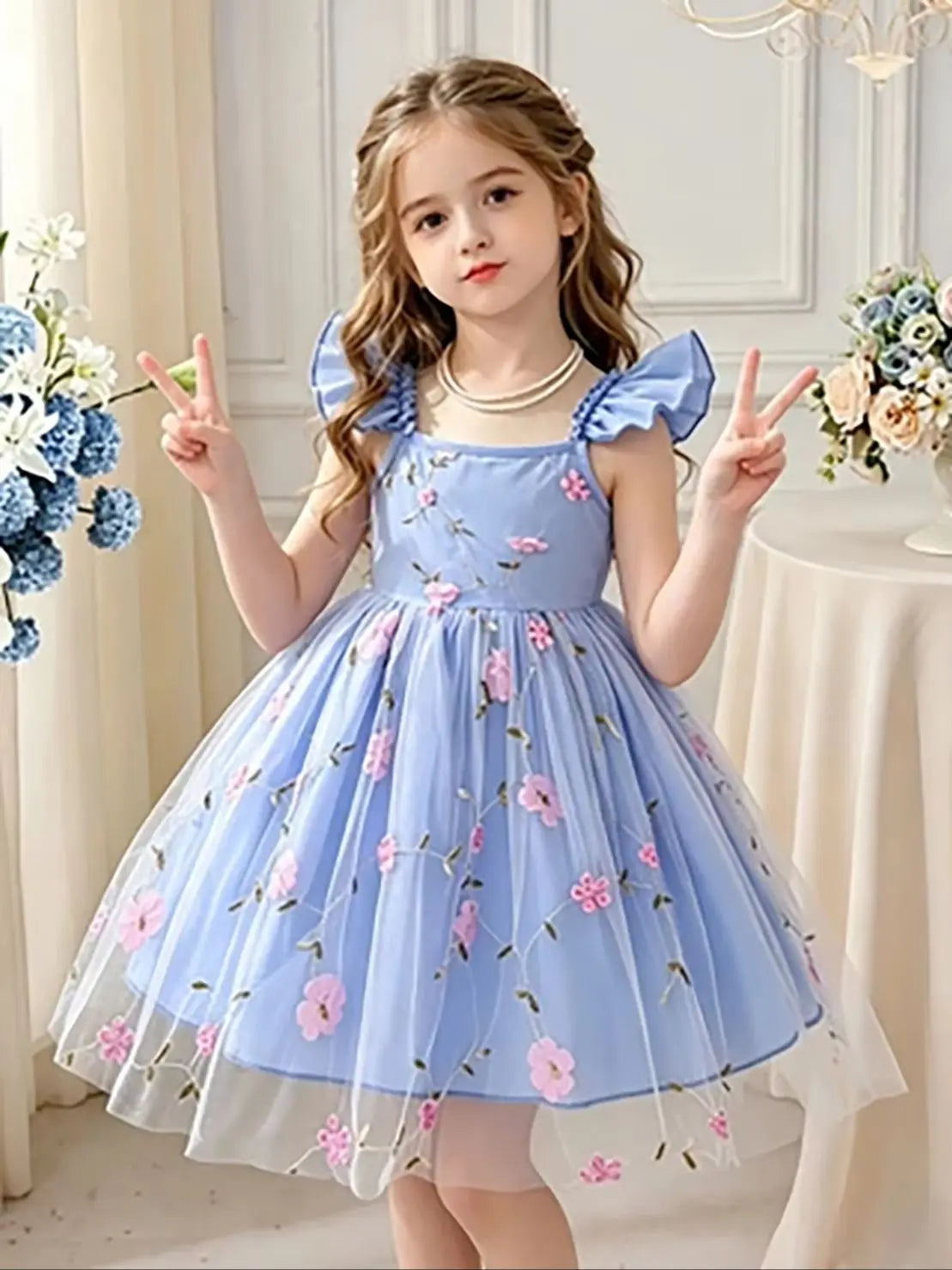 Girls’ Blue & Pink Floral Tulle Princess Dress - Flutter Sleeve Puffy Skirt Summer Party Dress