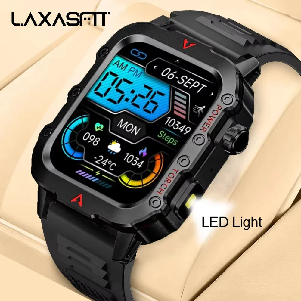 LAXASFIT Men’s Smart Watch – LED Flashlight, Outdoor Sports, Health Monitoring Wristwatch