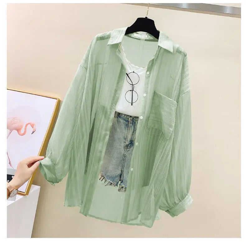 Summer Sunscreen Shirt – Elegant Thin Chiffon Korean Harajuku See-Through Loose Blouse & Casual Women’s Cardigan
