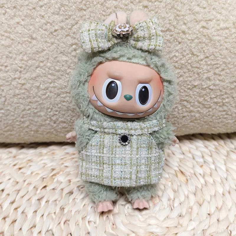 17cm Labubu II Mini Doll Clothes — Luxury Bow Headband Dress Outfit Set for Sitting, Party & Game Accessories