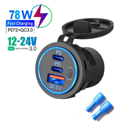QC3.0 + PD 78W Car Charger Socket Triple USB Type-C Fast Charging Power Adapter with Switch Waterproof 12V/24V Universal Car Charger