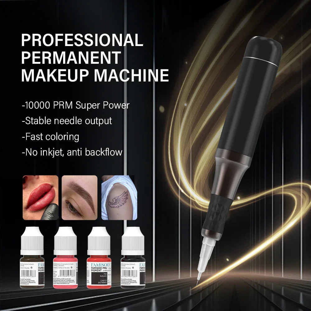 FAMISOO Professional Permanent Makeup Tattoo Machine Kit – Eyebrow, Eyeliner, Lip & Body with 6 Pigment Needles