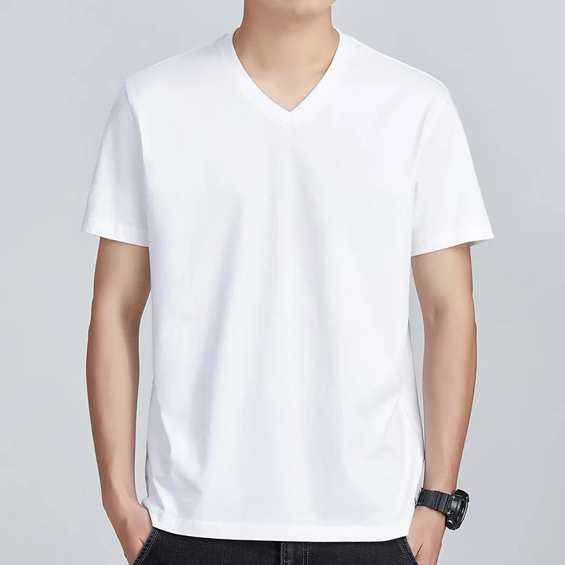 Men's Pure Cotton V-Neck T-Shirt - Comfortable Loose-Fit Casual Short Sleeve Top