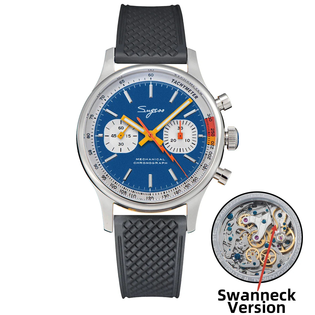 Sugess Pilot Men’s Chronograph Watch — Original ST1901 Mechanical Movement, Sapphire Crystal, Waterproof Racing Strap