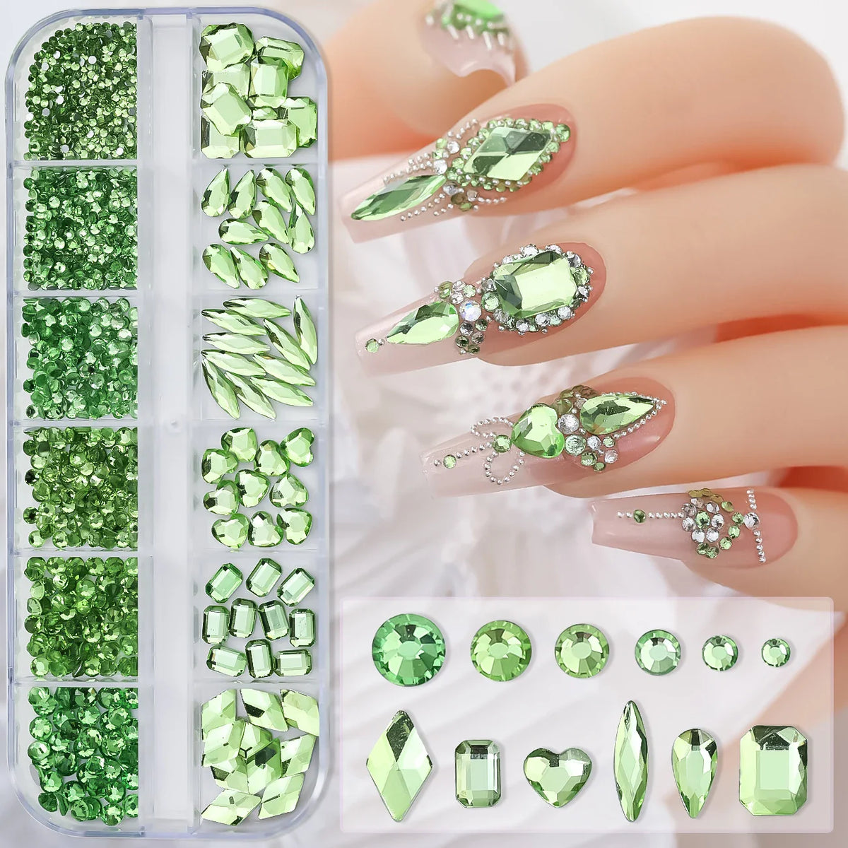 12-Grid 3D Glass AB Crystal Nail Art Rhinestones Kit – Flatback Round Beads with Tools for Nail Jewelry & Diamond Decoration