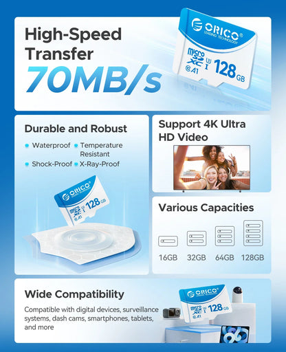 ORICO Micro SD Card – 16GB, 32GB, 64GB, 128GB A1 U3 Class 10 V10 for Camera, Drone & Dash Cam