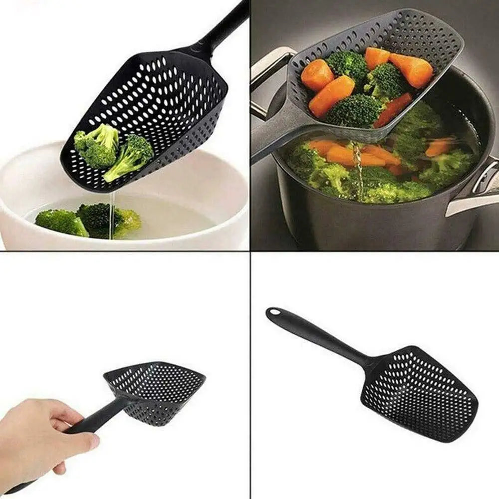 Scoop Colander Kitchen Strainer — Nylon Slotted Skimmer with Handle for Food Draining, Cooking, and Baking