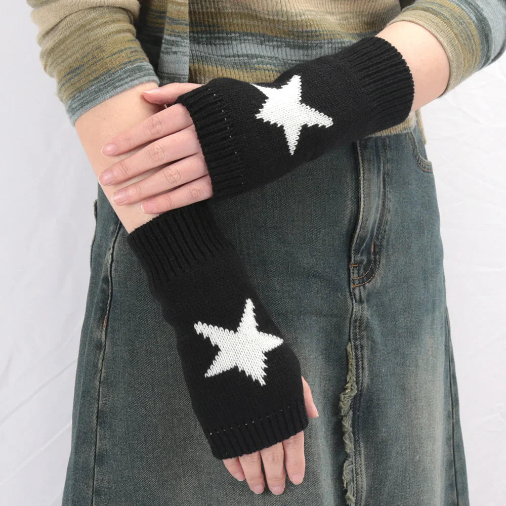 Women’s Knitted Fingerless Half Gloves – Warm Black & White Arm Sleeve Mittens for Autumn Winter Fashion Casual Wear Accessories