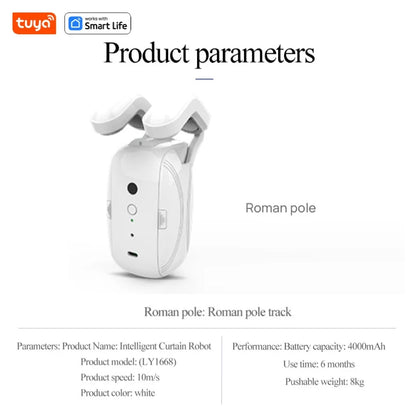 Tuya Smart Curtain Robot Motor — Roman Rod Track, App & Remote Remote Control, Single/Double, Works with Tuya Gateway
