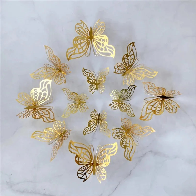 12PCS 3D Hollow Butterfly Wall Stickers – Gold, Silver & Rose Decorative Decals for Wedding, Living Room & Home Decor