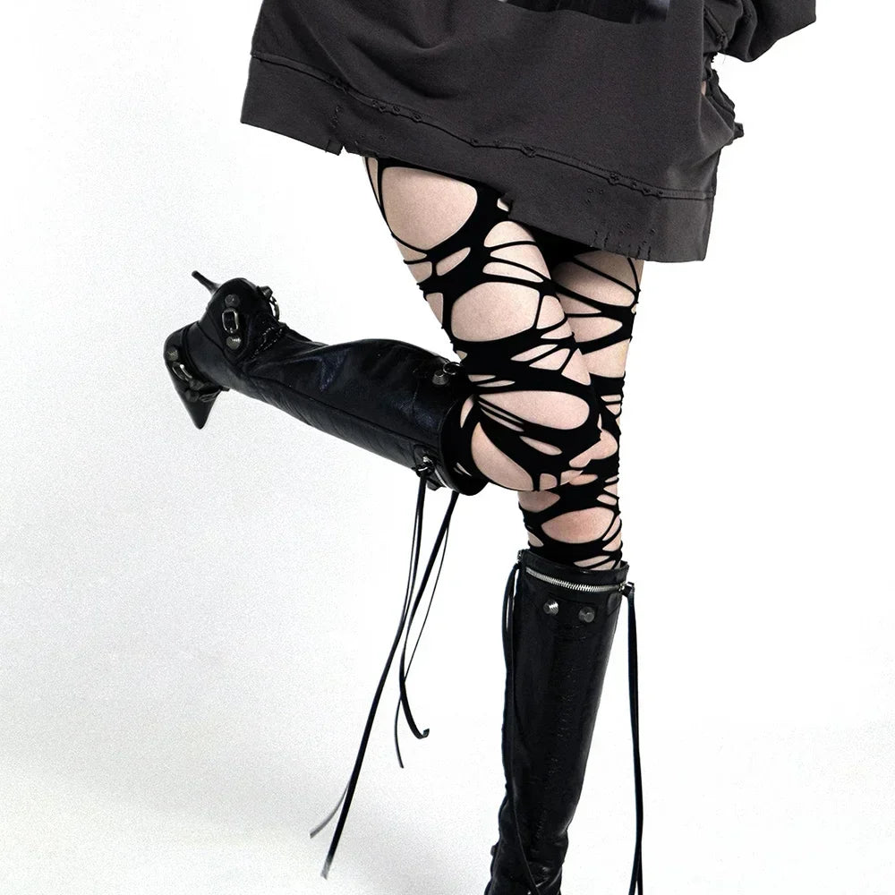 Gothic Glamour: Women's Sexy Perforated Stocking - Halloween Punk Torn Strap Y2K Ragged Pantyhose, Hosiery Party Underwear