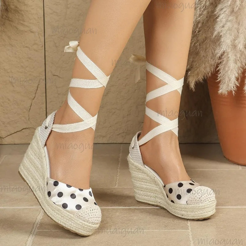 Women's Dot Espadrille Wedge Sandals - Braided Hemp Platform Shoes with Ribbon Ankle Wrap
