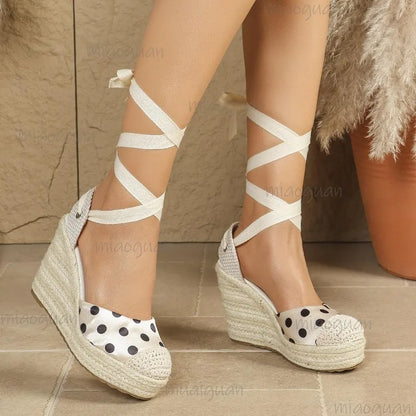 Women's Dot Espadrille Wedge Sandals - Braided Hemp Platform Shoes with Ribbon Ankle Wrap