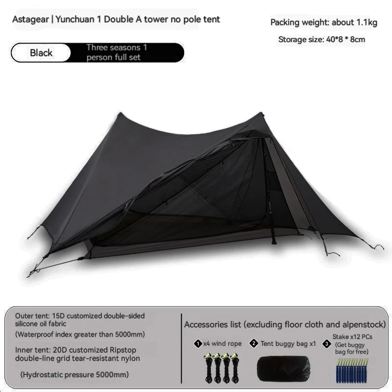 ASTA GEAR Yun Chuan 15D Nylon Ultralight Tent – Double-Sided Silicon-Coated, Rodless Pyramid Design for Camping & Hiking