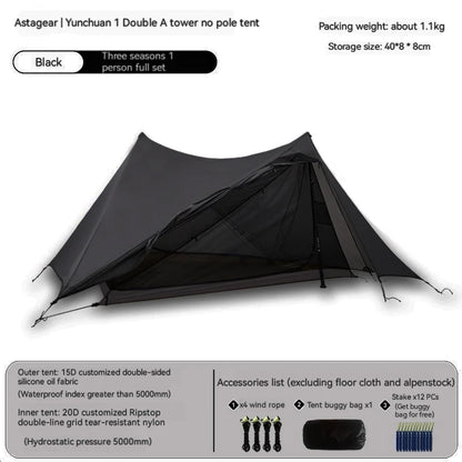 ASTA GEAR Yun Chuan 15D Nylon Ultralight Tent – Double-Sided Silicon-Coated, Rodless Pyramid Design for Camping & Hiking