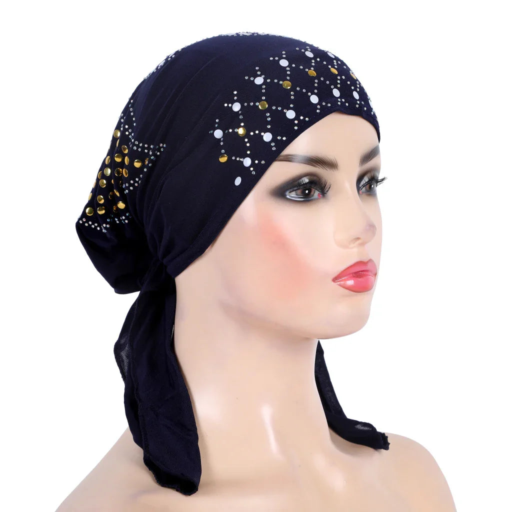 H089 Women’s Turban Hijab – Fashion Gold Sequin Islamic Headscarf, Pull-On Amira Headwrap