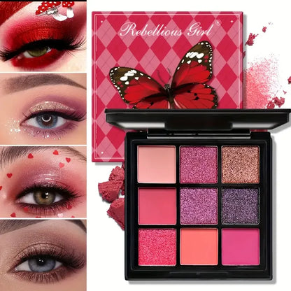 9-Grid Red Eyeshadow Palette – Purple Glitter, Pearlescent Matte & Shimmer Long-Lasting Eye Makeup for Women