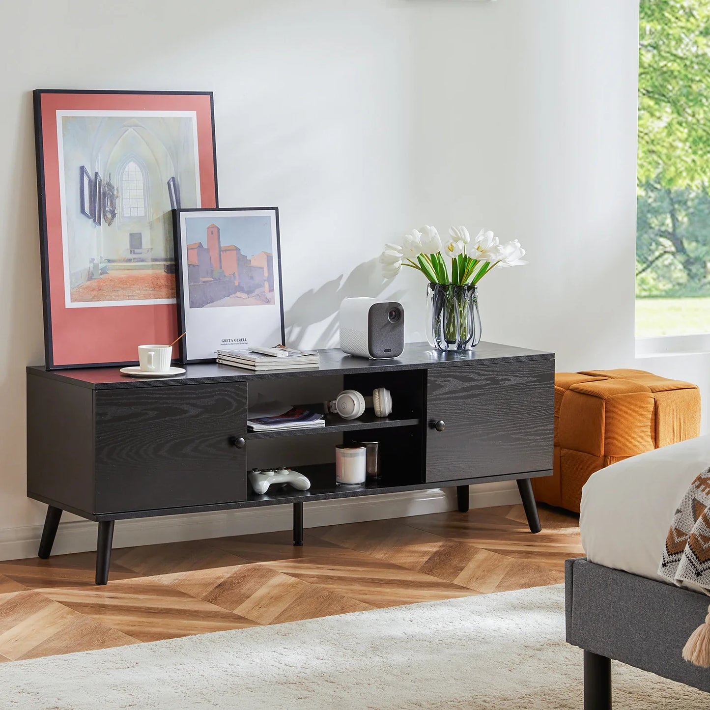 Wooden Fireplace TV Stand for 60 Inch TV – Living Room Entertainment Center with Adjustable Shelf & 2 Storage Cabinets