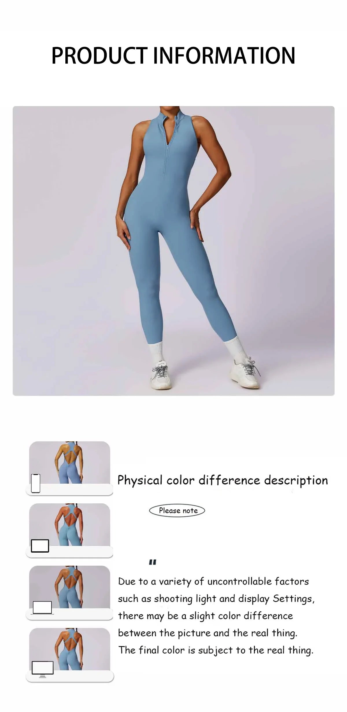 Women’s V-Back One-Piece Sports Jumpsuit — Sleeveless Yoga Romper with Zipper Workout Bodysuit