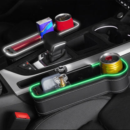 Car Crevice Storage Box with 2 USB Charger – LED Seat Gap Organizer, Phone, Bottle, and Cup Holder