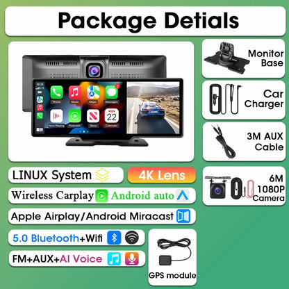 Srnubi 10.26 Inch Dash Cam Rearview Mirror - CarPlay & Android Auto DVR with GPS Navigation, Video Dashboard Monitor