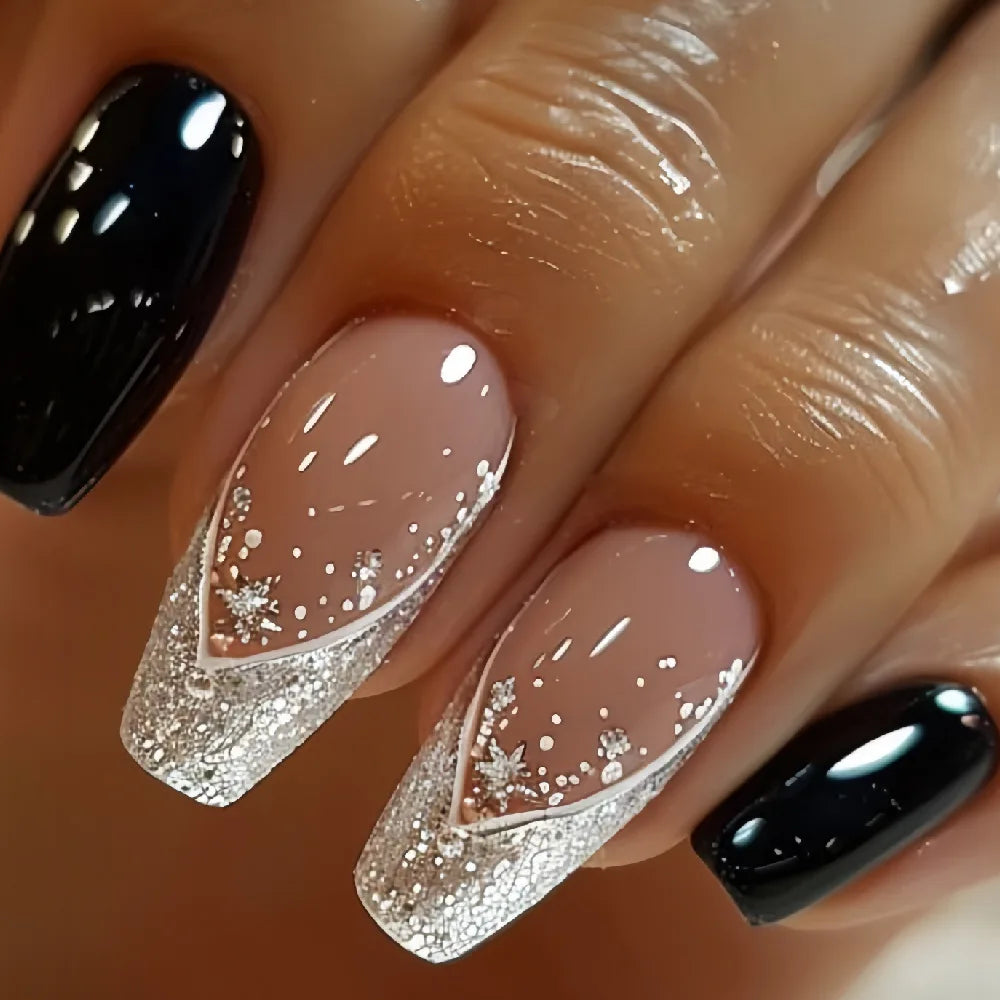 24PCS Short Square Coffin False Nails – French Glitter Acrylic Press-On Nail Tips with Glue, Wearable Fake Nails Set