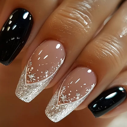 24PCS Short Square Coffin False Nails – French Glitter Acrylic Press-On Nail Tips with Glue, Wearable Fake Nails Set