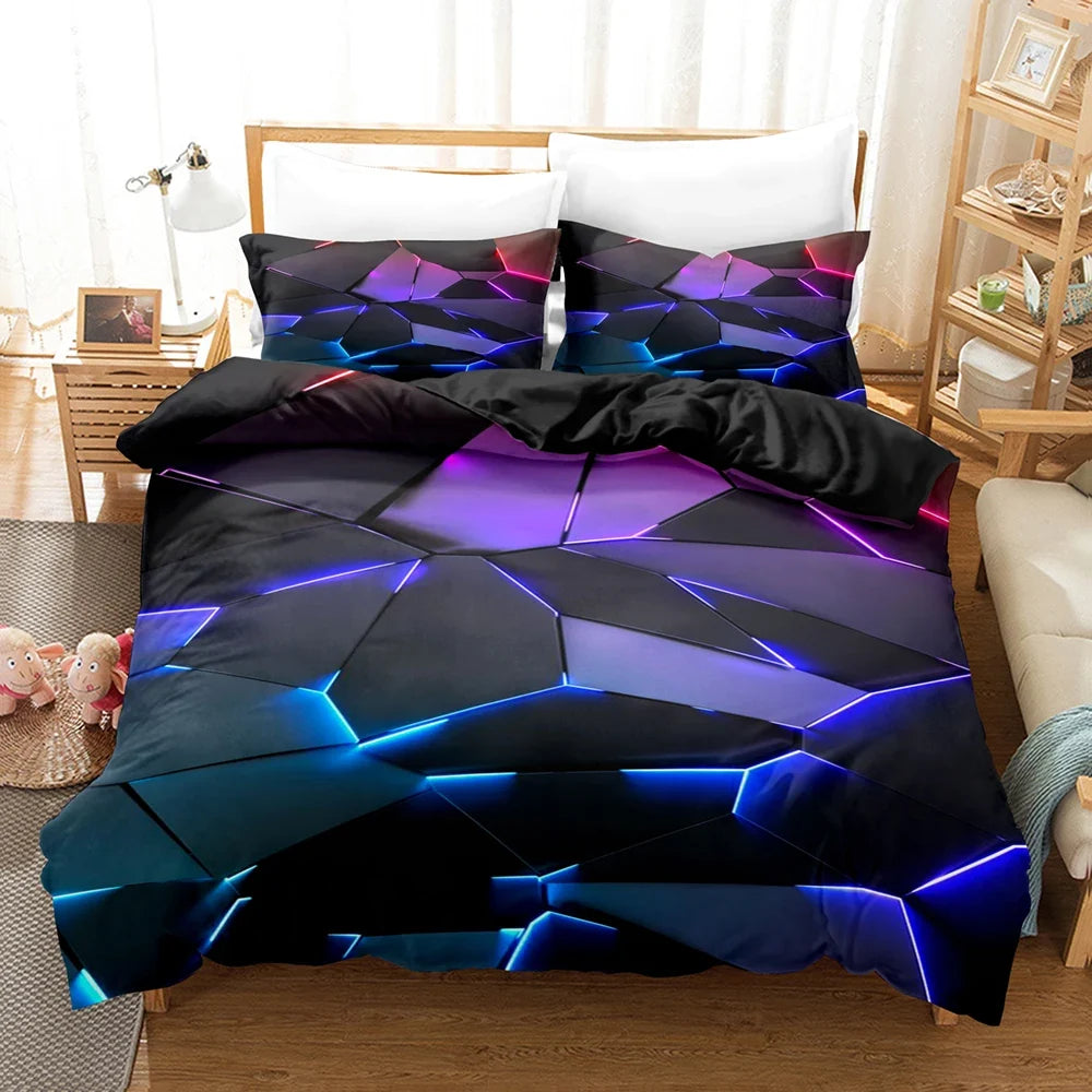 Colorful Glowing Polygon Grid Bedding Set - Duvet Cover with Pillowcases for Twin, Queen & King Sizes