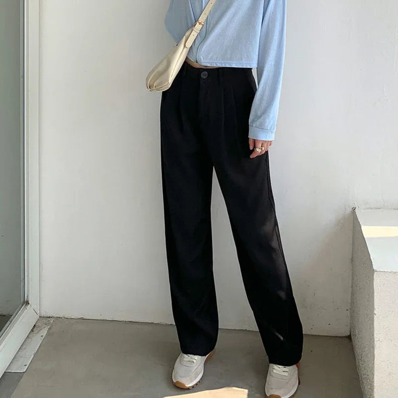 High Waist Women’s Suit Pants – Straight Office Trousers, Casual Button Loose Black Pants for Fall 2024