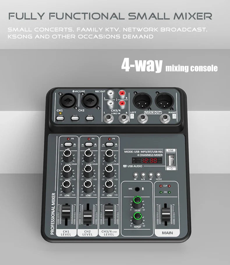 4-Channel Audio Mixer — USB Studio Mixer with 48V Phantom Power & Bluetooth for DJ & Karaoke