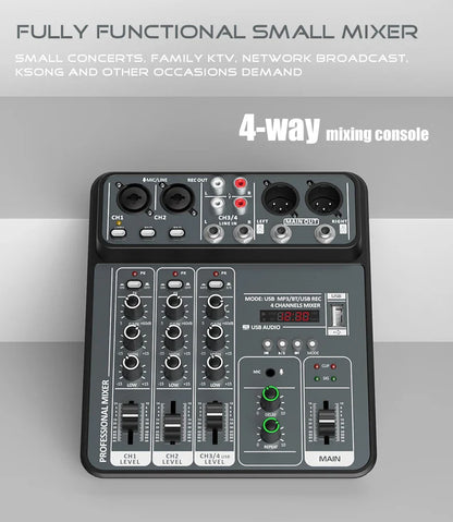 4-Channel Audio Mixer — USB Studio Mixer with 48V Phantom Power & Bluetooth for DJ & Karaoke