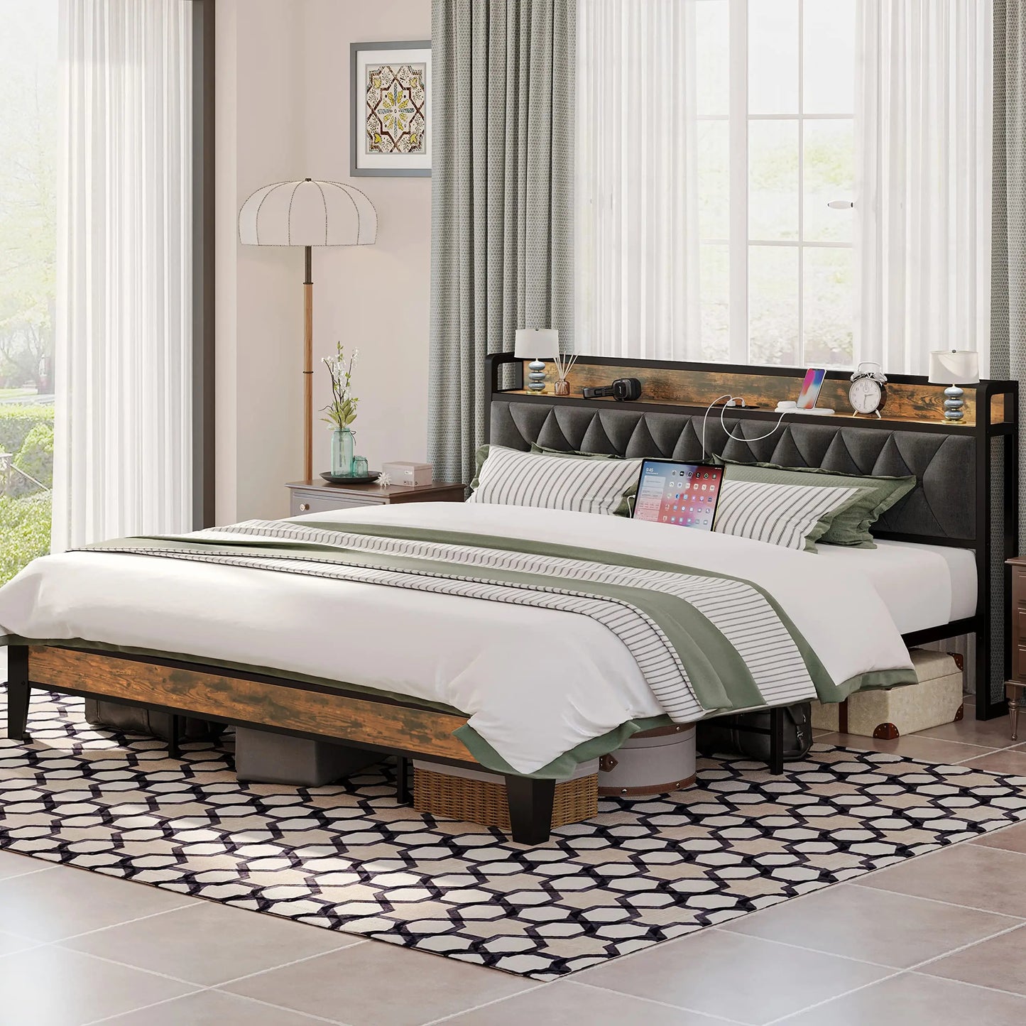 ANCTOR Bed Frame – Twin to California King Sizes, Storage Headboard with Outlets, No Noise, No Box Spring Needed