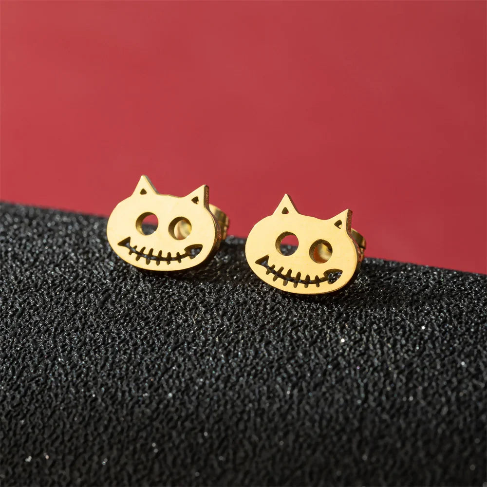 Jisensp Cartoon Cat Earrings — Cute Stainless Steel Kitten Studs for Women & Girls, Funny Animal Jewelry