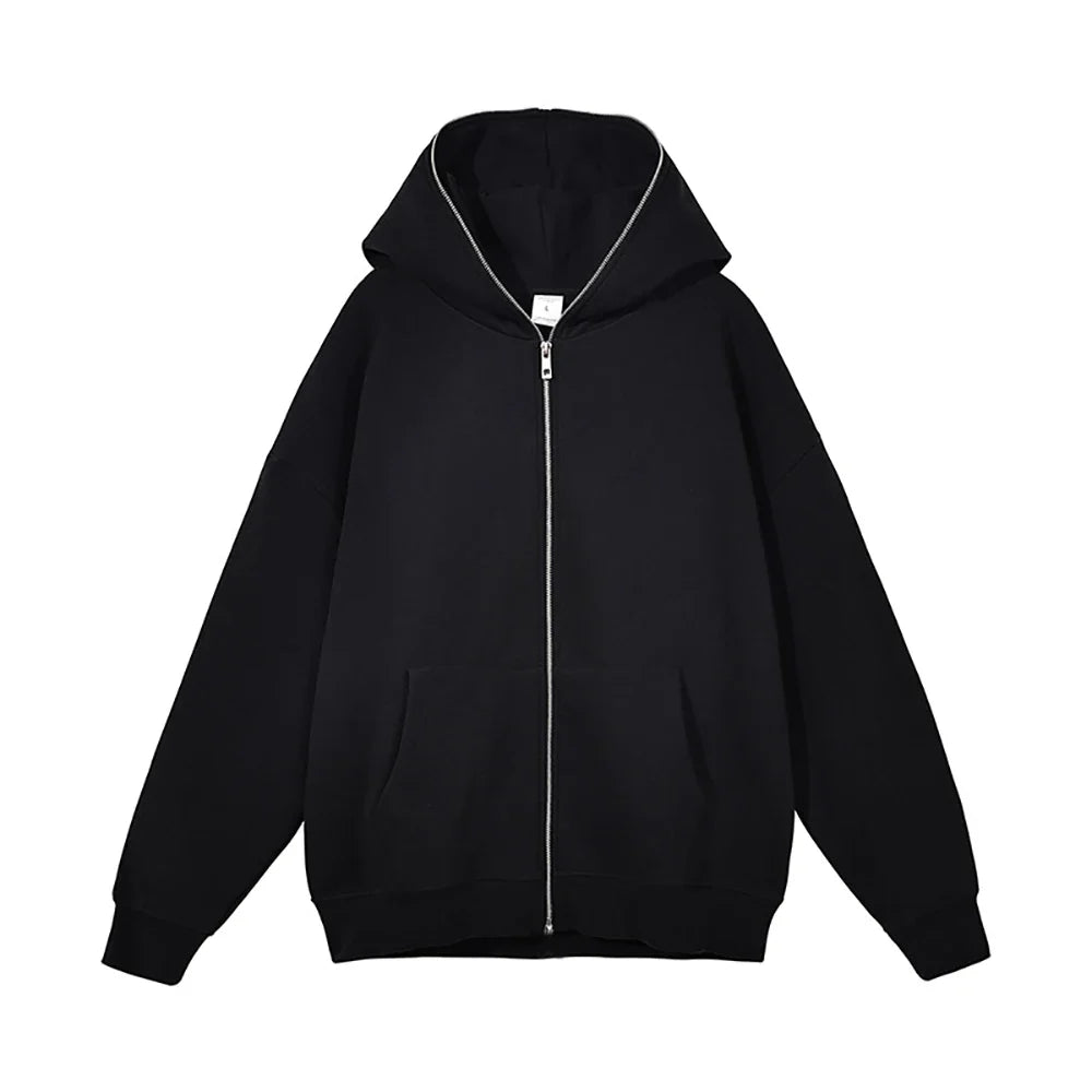 Men’s Harajuku Zip-Up Hoodie Jacket – Retro Black Oversized Long Sleeve Sweatshirt Coat