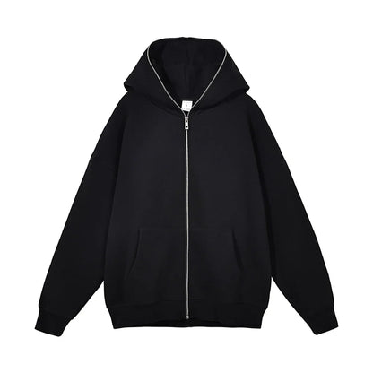 Men’s Harajuku Zip-Up Hoodie Jacket – Retro Black Oversized Long Sleeve Sweatshirt Coat