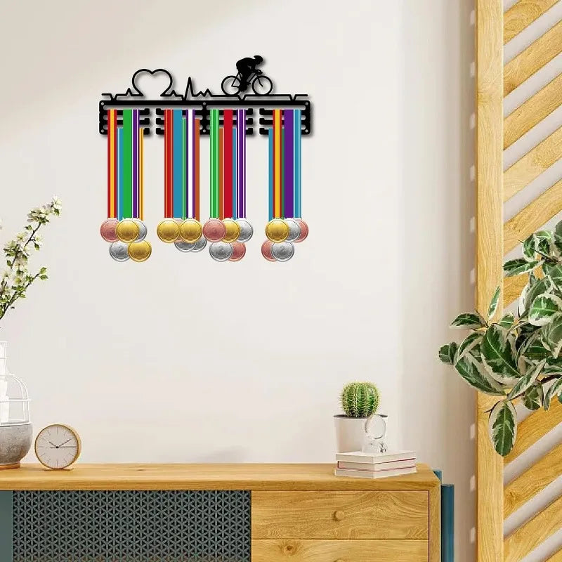 Cycling Medal Display Rack - Wall Mounted 12 Hook Holder Frame for 60+ Medals with 3 Row Storage Shelf