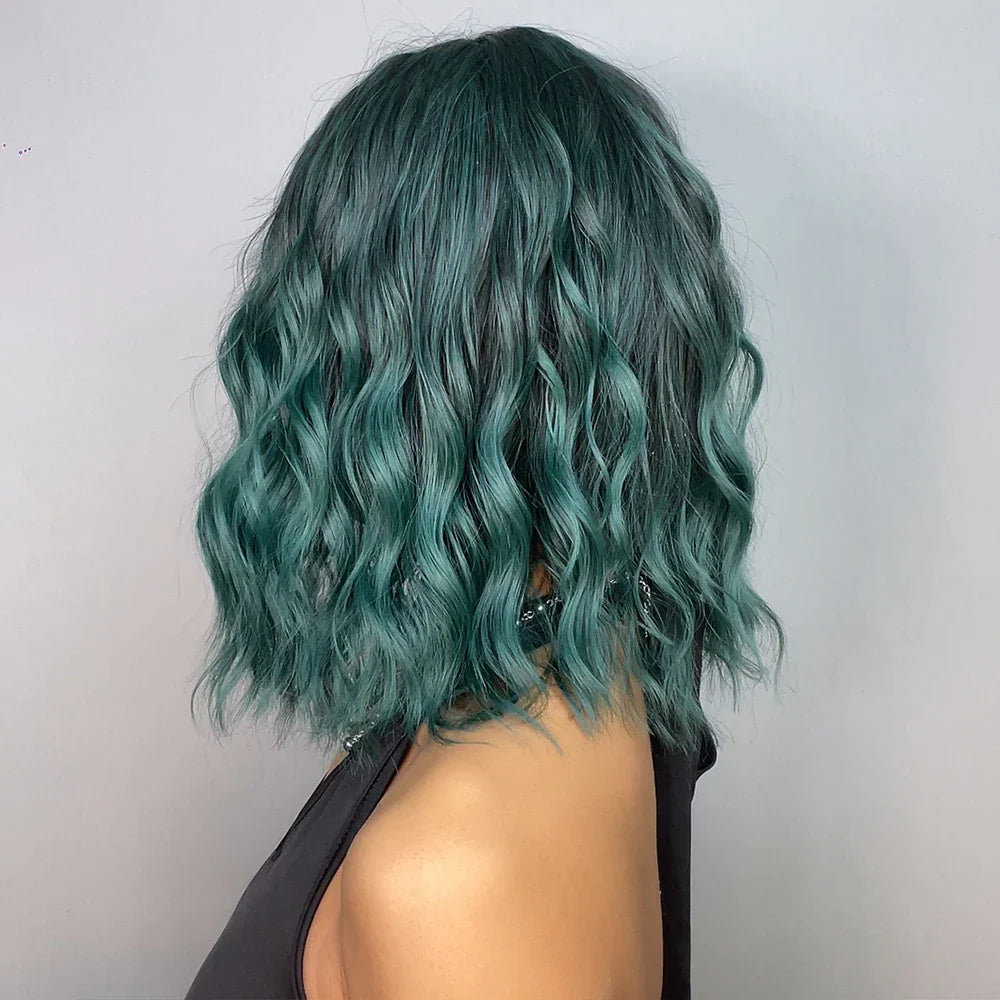 Short Wavy Green Synthetic Wig for Women – Green Cosplay Bob Wig with Bangs, Lolita Party Hair, Heat-Resistant Natural Fake Hair