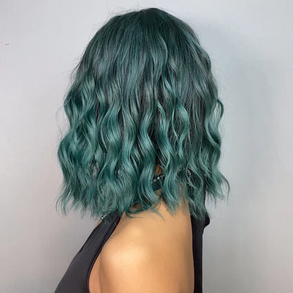Short Wavy Green Synthetic Wig for Women – Green Cosplay Bob Wig with Bangs, Lolita Party Hair, Heat-Resistant Natural Fake Hair