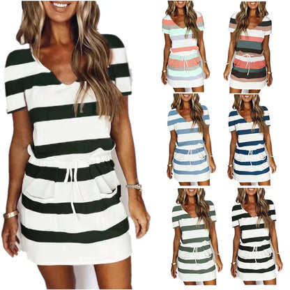 Women’s Summer Stripe Print Mini Dress – V-Neck Drawstring Elastic Waist Casual Commuting Dress