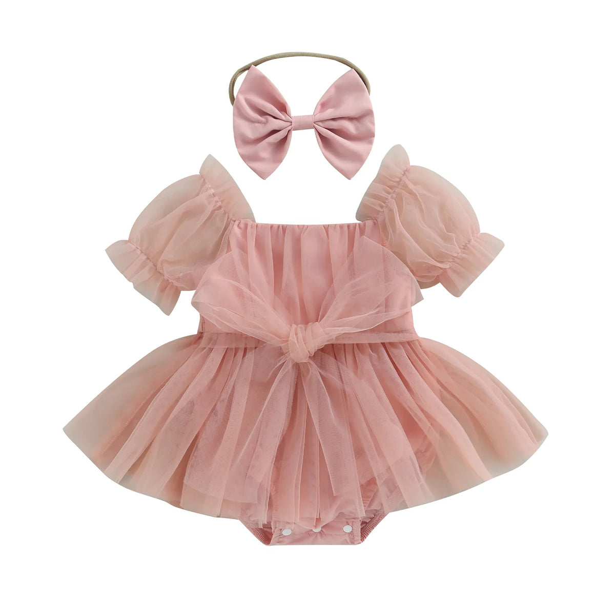 Baby Girl Princess Tulle Romper - Puff Sleeve Birthday Jumpsuit with Headband, 0–24 Months