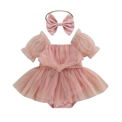 Baby Girl Princess Tulle Romper - Puff Sleeve Birthday Jumpsuit with Headband, 0–24 Months