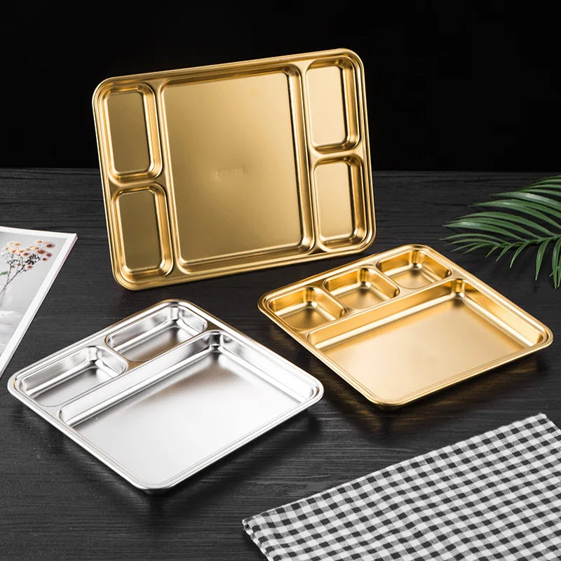 Gold Stainless Steel Divided Dining Plate – Compartment Food Serving Tray Kitchen Tableware