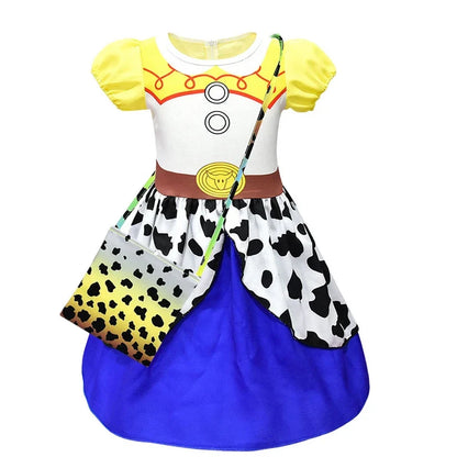 Kids Cowgirl Costume Dress - Girls Cartoon Print Short Sleeve Halloween Cosplay Party Outfit