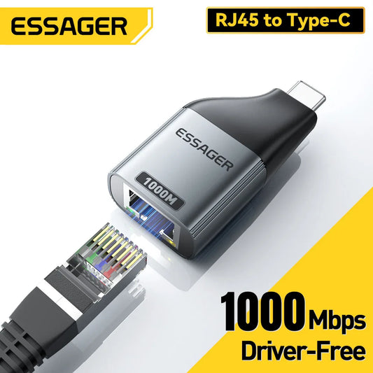 Essager Type-C to Ethernet Adapter – 100/1000Mbps Gigabit RJ45 to Type-C Adapter for MacBook, Laptop Wired Network Card