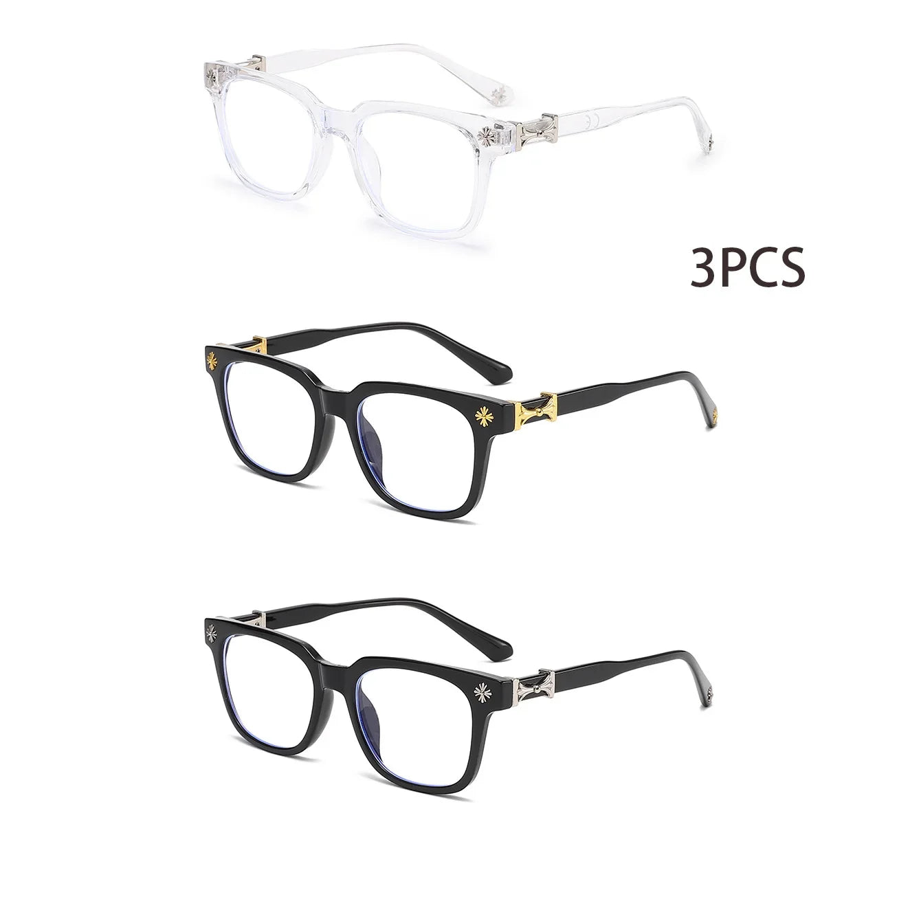 3-Piece Square Blue Light Glasses - Unisex Black & Clear Frame Computer Eyewear
