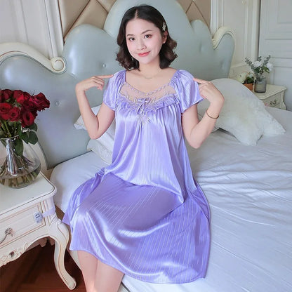 Midnite Star Women’s Ice Silk Sleepwear Set – V-Neck Lace Nightdress Pyjamas, Homewear Nightgown, Plus Size