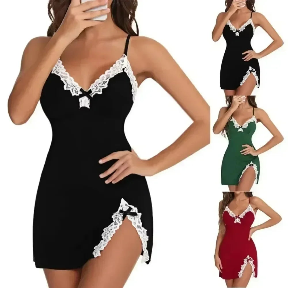 Women’s Sexy Lace Silk Satin Nightgown – V-Neck Sleeveless Sleepwear with Split Hem Soft Lingerie Dress
